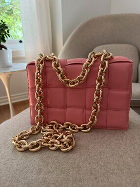 Bottega Venetta Inspired Purse - Pink with Chunky Gold Chain